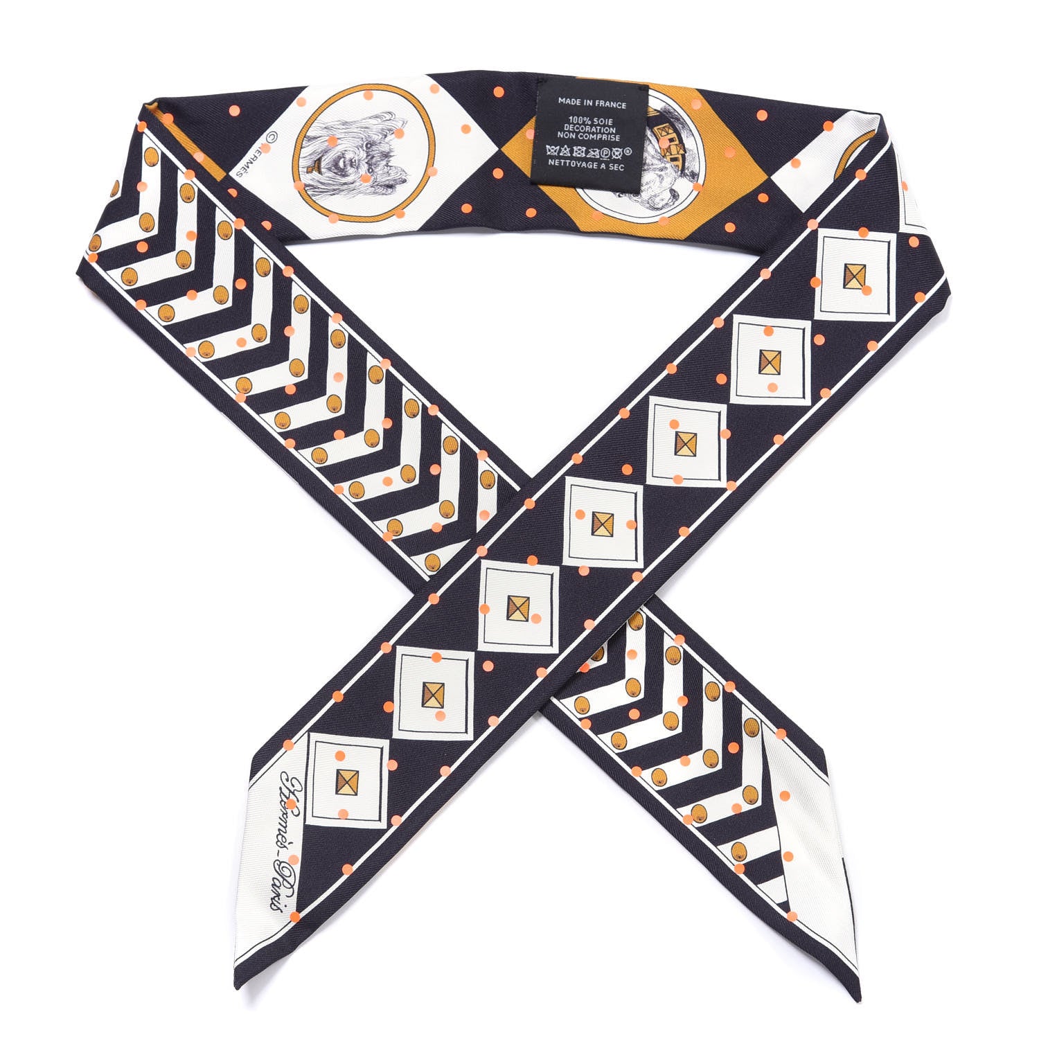 Hermes Silk Colliers Et Chiens Twilly Black Gold White 1 of 4
