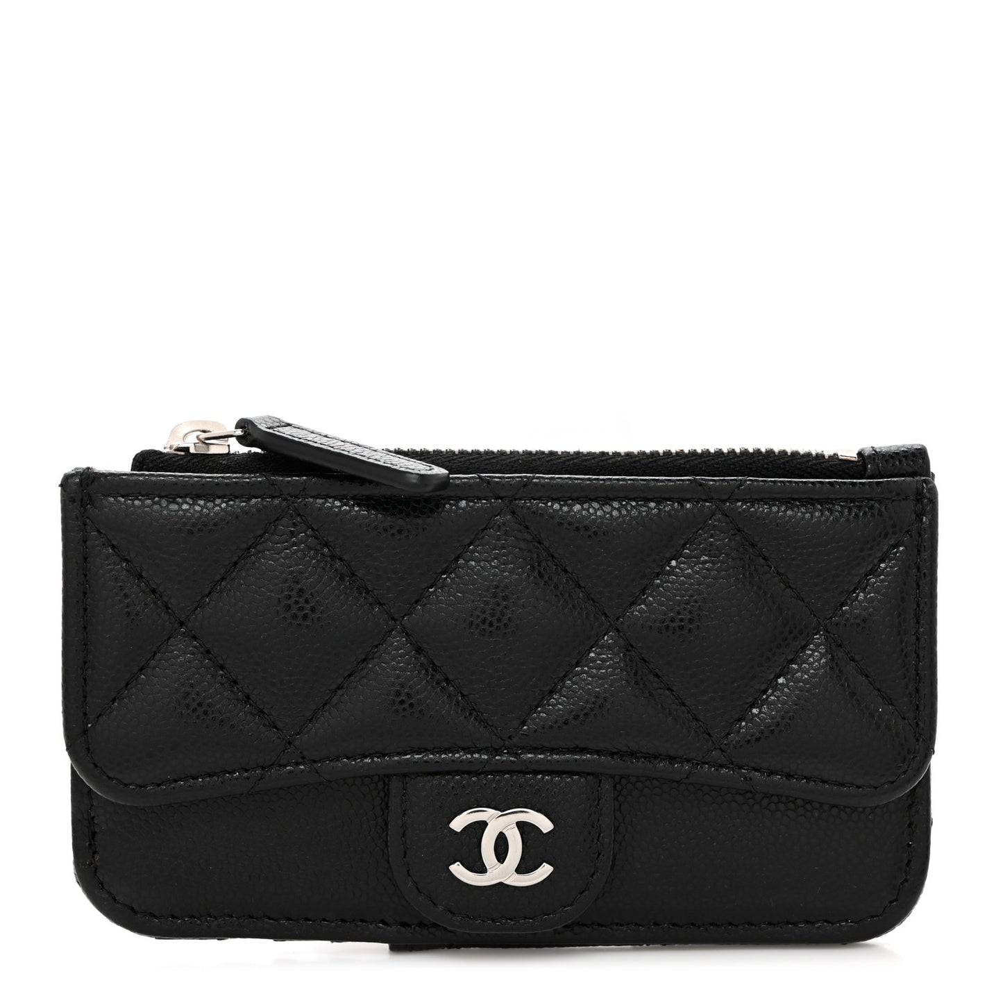 Caviar Quilted Flap Zip Card Holder Black