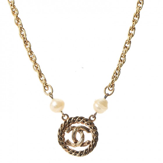 Chanel Pearl CC Pendant Necklace Gold 1 of 8