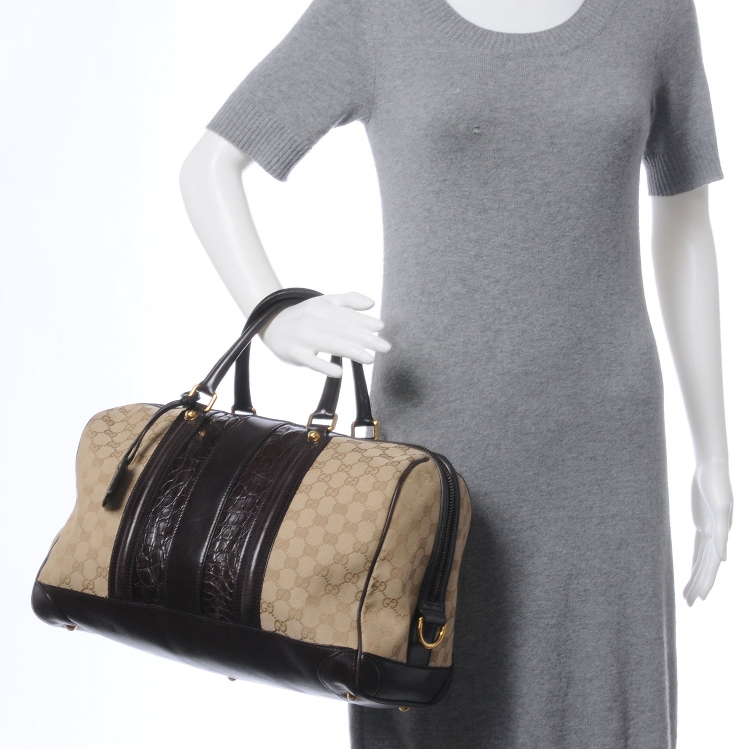 Gucci Monogram Crocodile Web Large Secret Boston Dark Brown 2 of 7