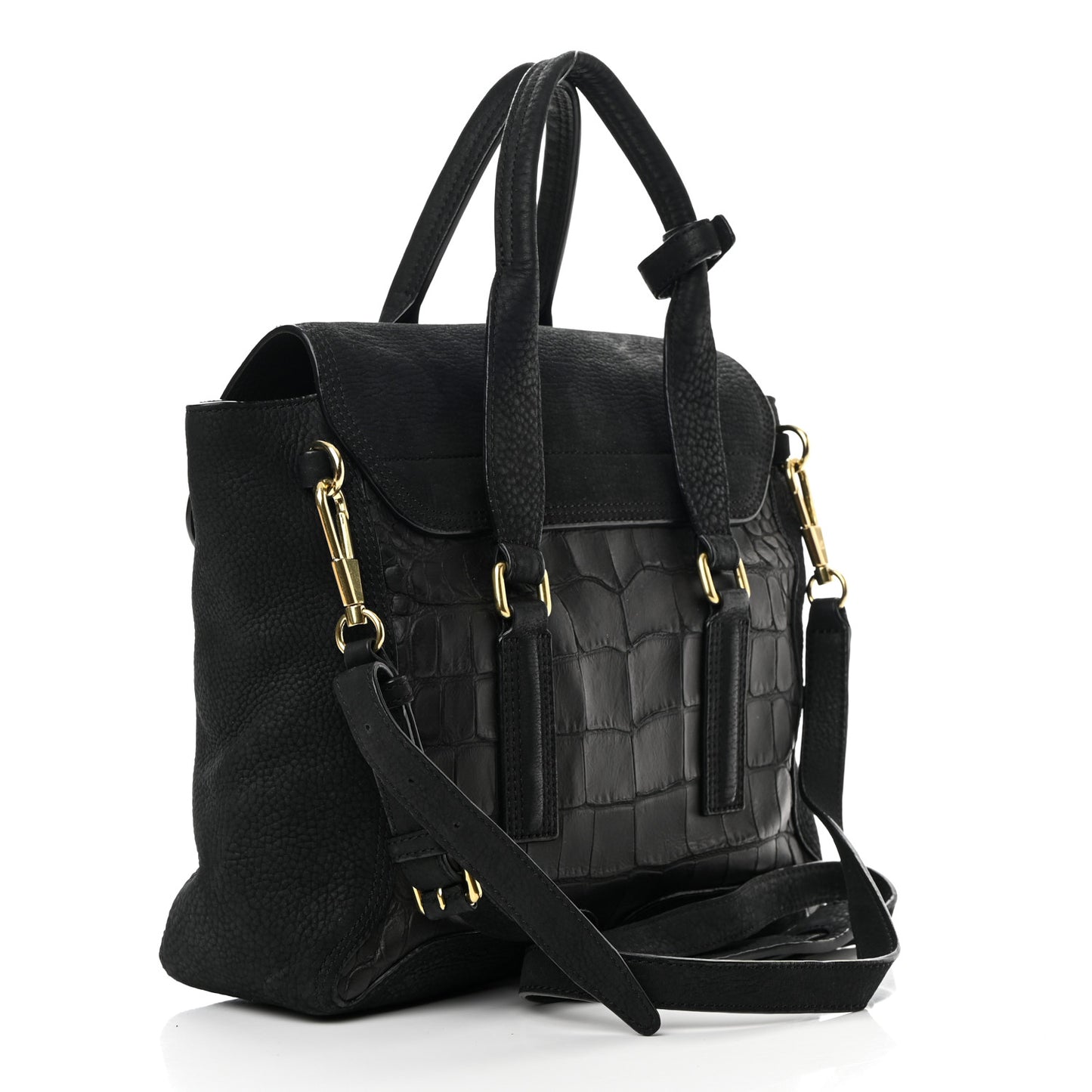 Nubuck Crocodile Embossed Medium Pashli Satchel Black