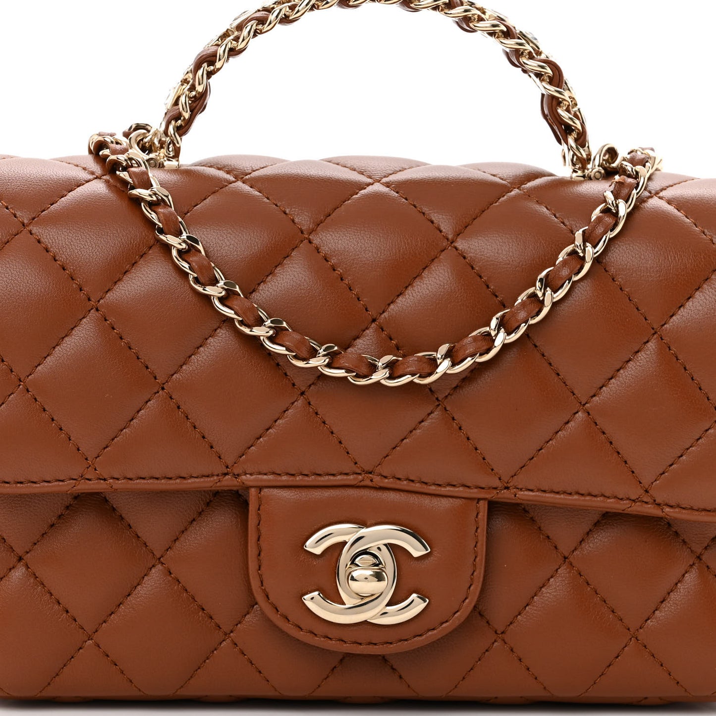 Lambskin Quilted Crystal Top Handle Rectangular Flap Brown