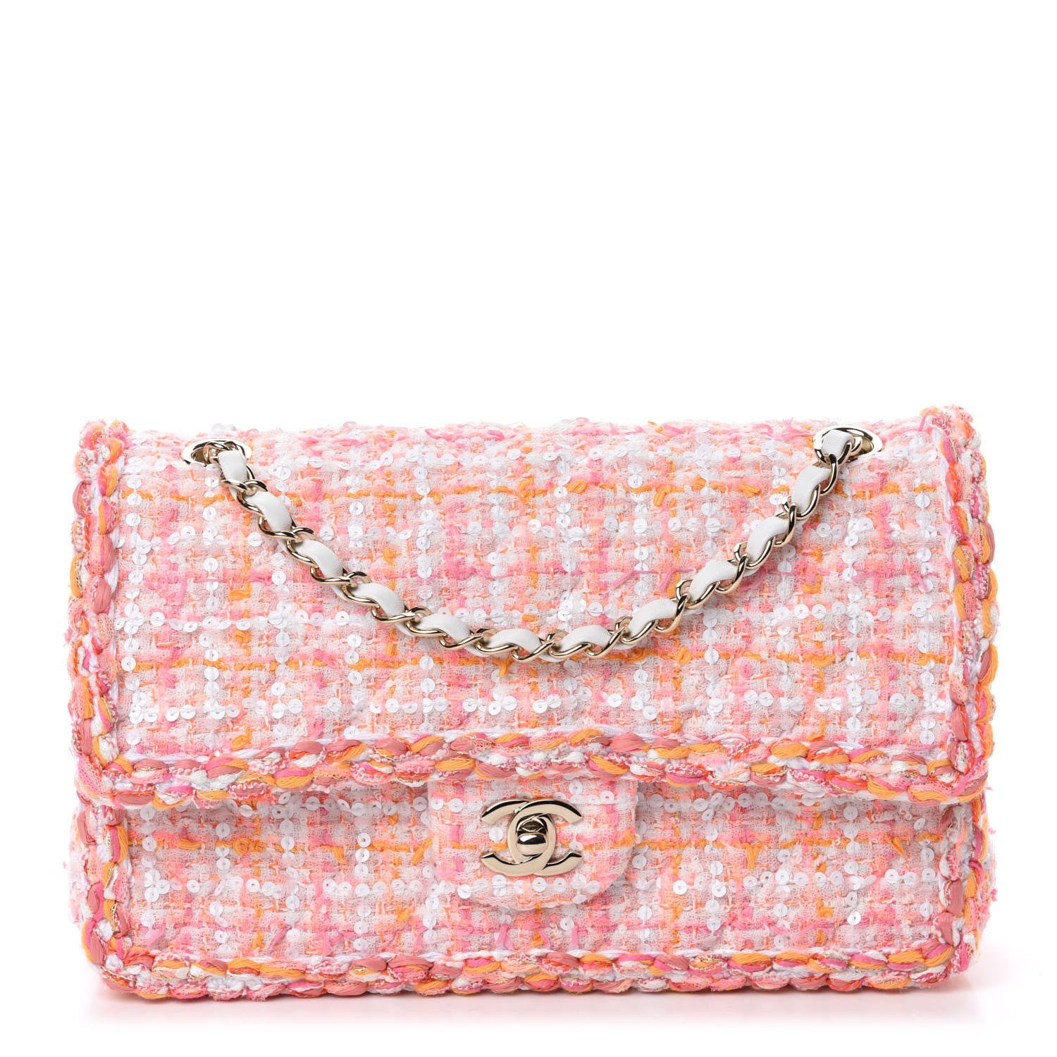 Chanel Tweed Braid Sequin Medium Double Flap White Pink Orange 1 of 12
