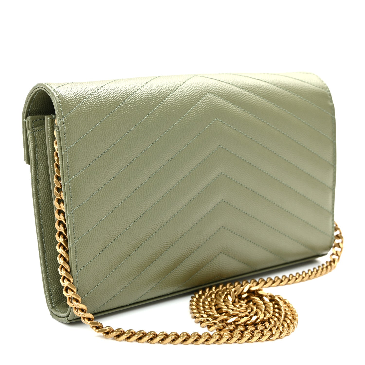 Saint Laurent Grain De Poudre Matelasse Chevron Monogram Chain Wallet Light Sage 3 of 9