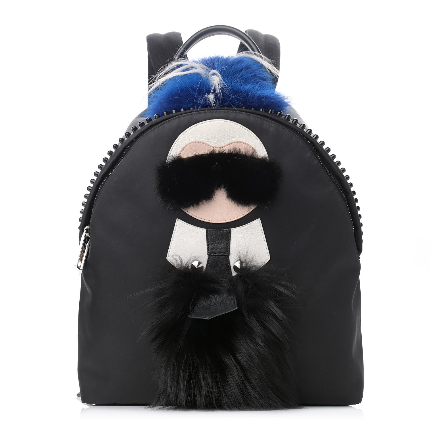 Fendi Nylon Vitello Century Mink Fox Goat Fur Studded Karlito Backpack Black Multicolor 1 of 17