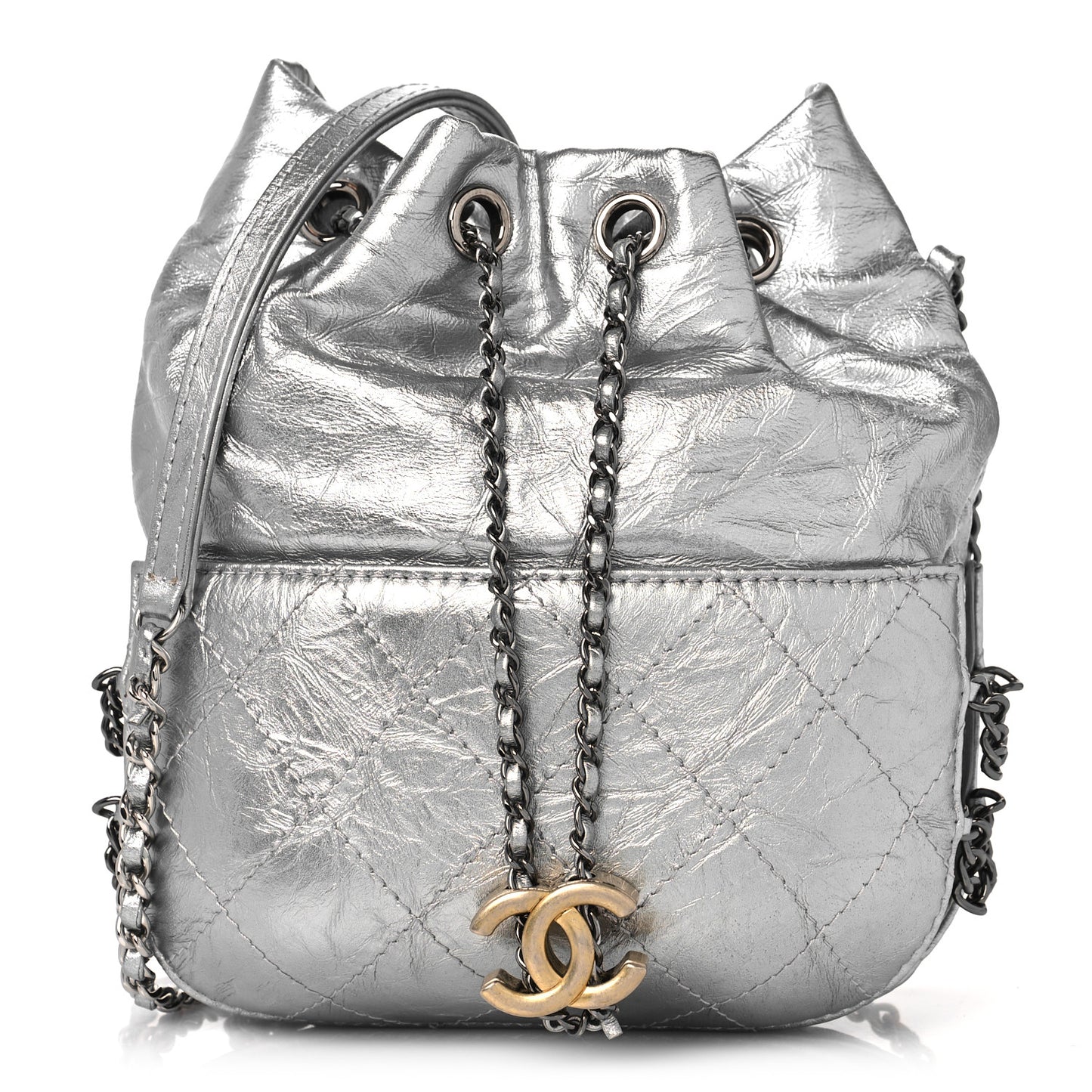 Metallic Aged Calfskin Quilted Small Gabrielle Bucket Silver