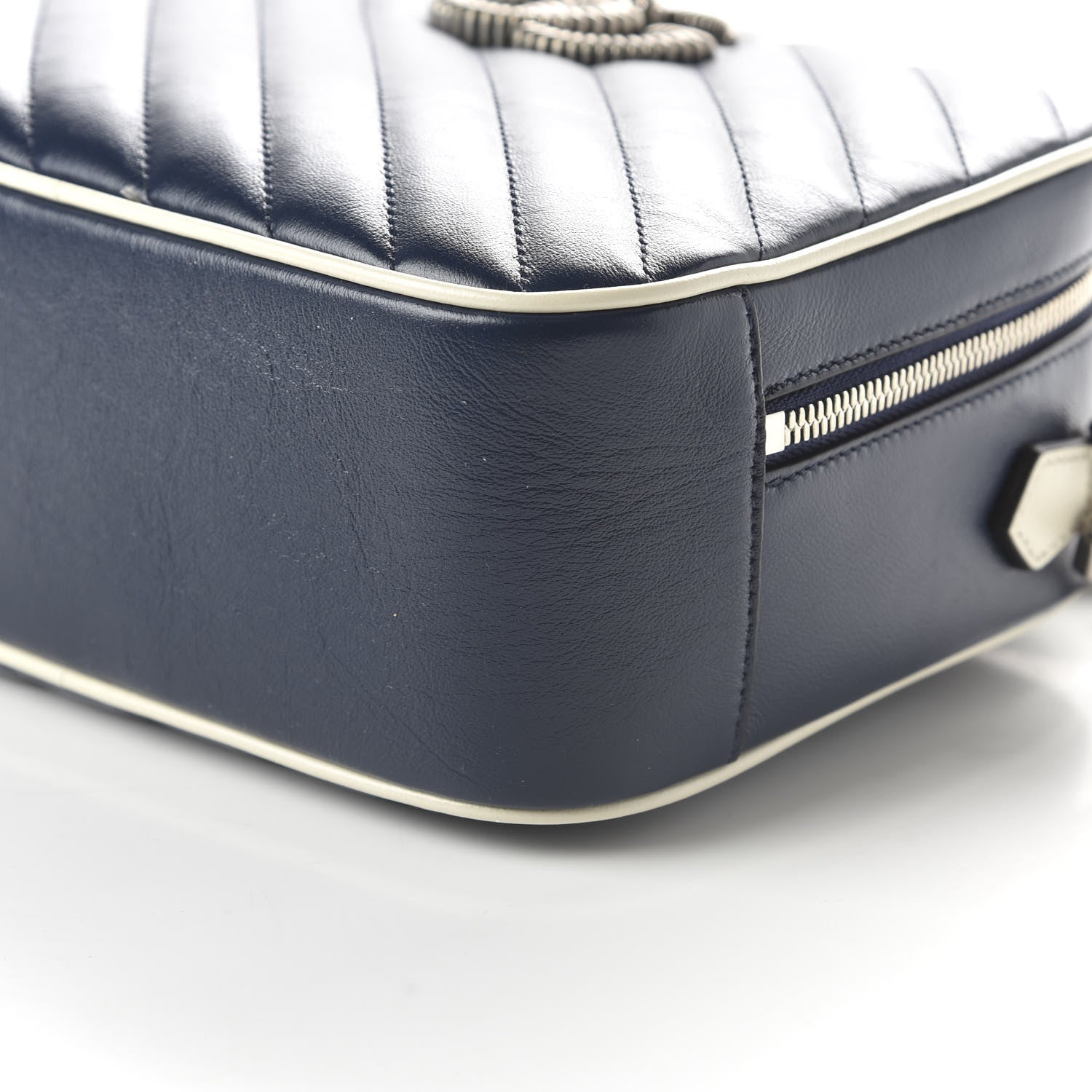 Gucci Vintage Effect Calfskin Matelasse Diagonal Small Torchon GG Marmont Bamboo Top Handle Shoulder Bag Blue Agata Mystic White 7 of 10
