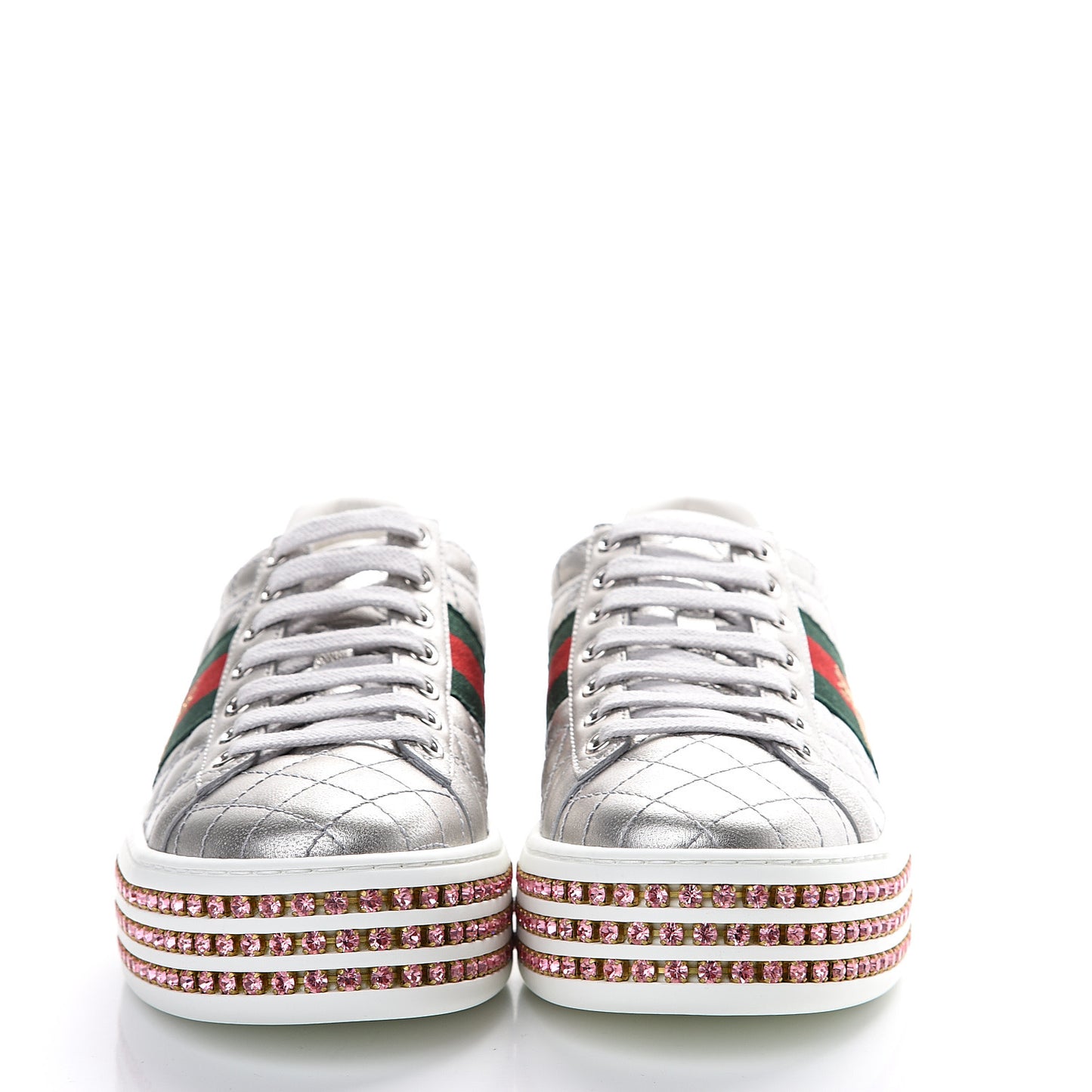 Laminated Nappa Crystal Web Bee Embroidered Trapuntata Womens Ace Platform Sneakers 36.5 Argento