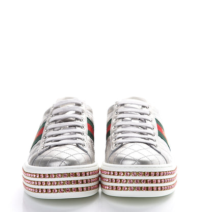 Gucci Laminated Nappa Crystal Web Bee Embroidered Trapuntata Womens Ace Platform Sneakers 36.5 Argento 2 of 8