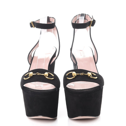 Gucci Kid Scamosciato Liliane Horsebit Platform Wedge Sandals 37 Black 2 of 8