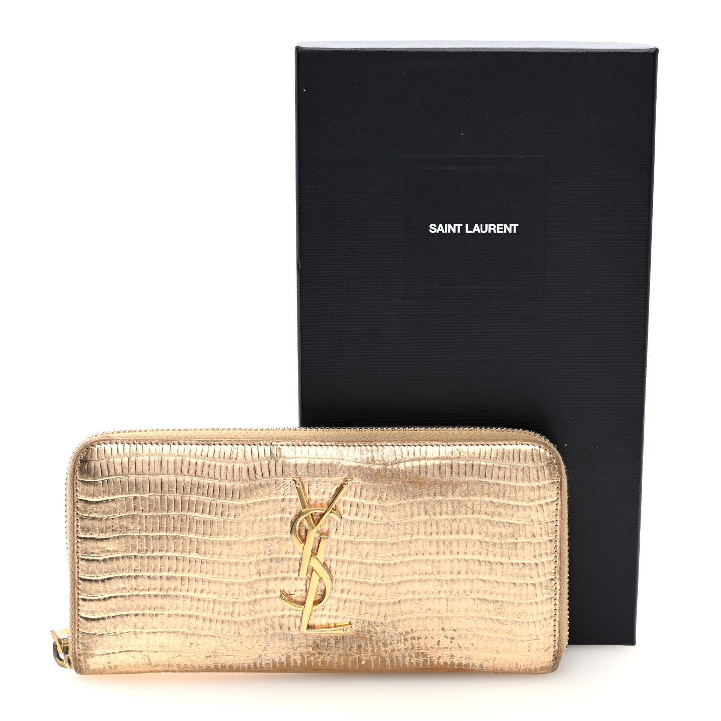 Lizard Calfskin Embossed Monogram Zip Around Wallet Gold