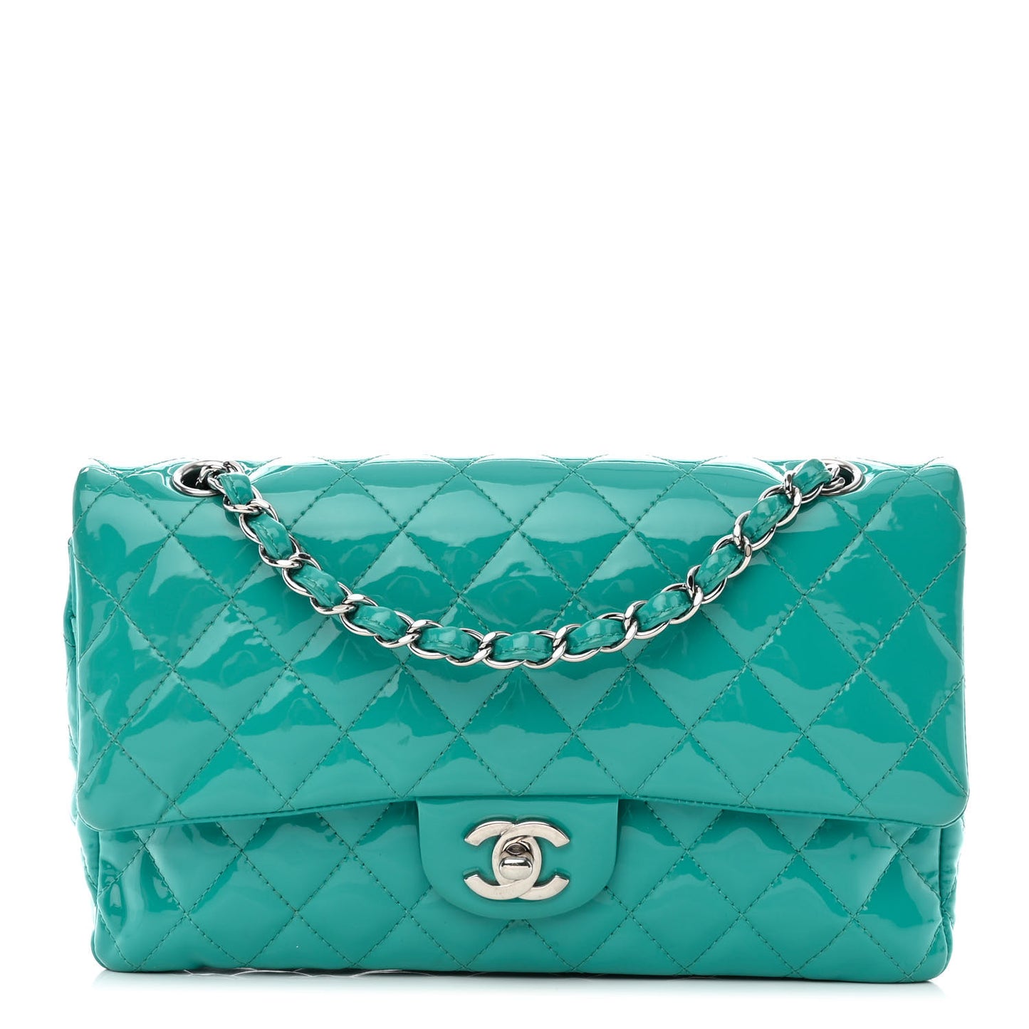 Patent Quilted Medium Double Flap Turquoise