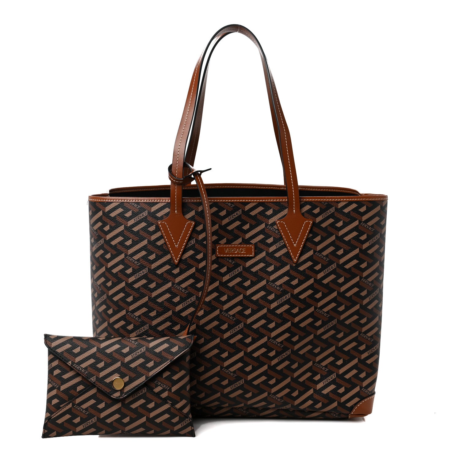 Versace Coated Canvas Calfskin La Greca Signature Shopper Tote Bag Black Caramel 1 of 8