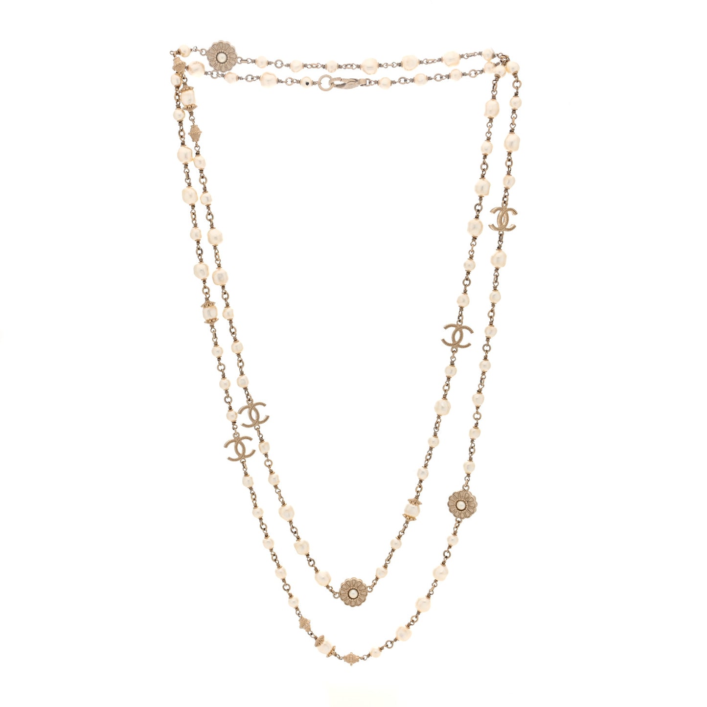 Pearl CC Flower Long Necklace White Gold
