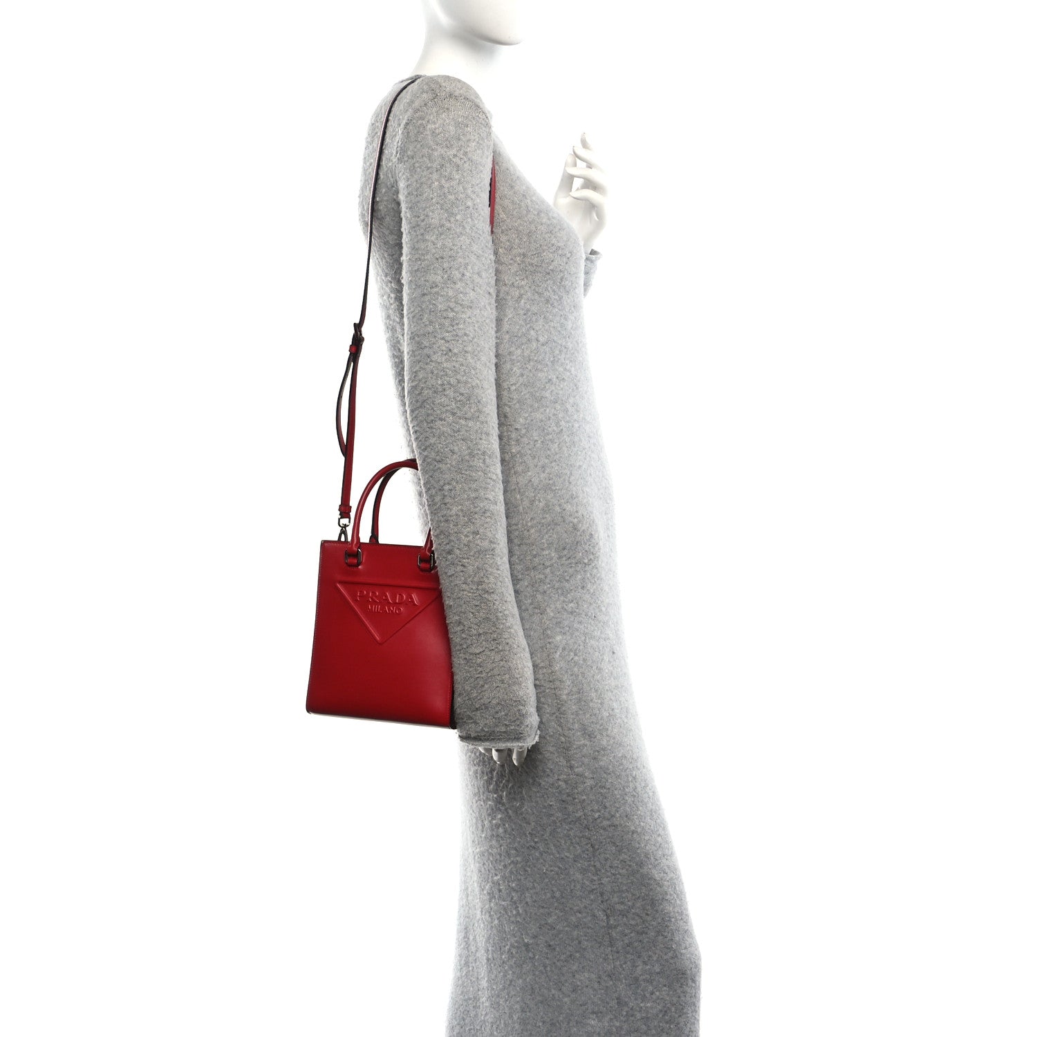 Prada Soft Calfskin Triangle Logo Embossed Small Double Handle Crossbody Tote Rosso 2 of 9