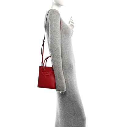 Prada Soft Calfskin Triangle Logo Embossed Small Double Handle Crossbody Tote Rosso 2 of 9