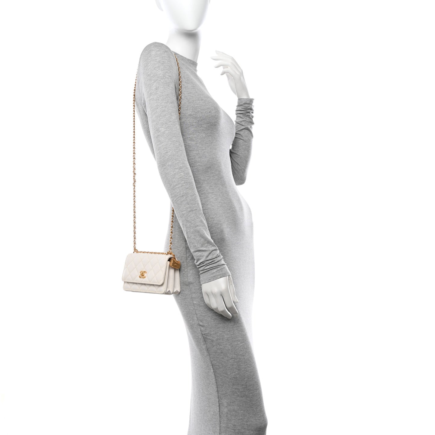 Shiny Caviar Quilted Flap Charm Small Wallet On Chain WOC White