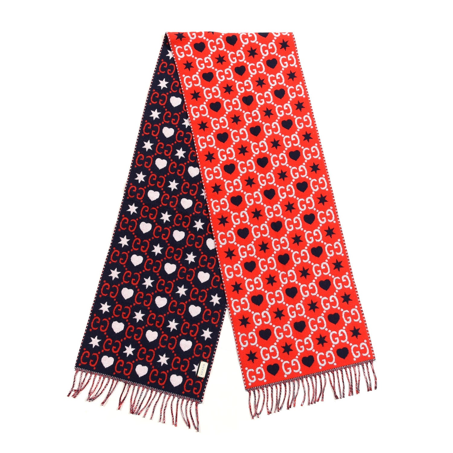 Gucci Wool Jacquard GG Monogram Hearts Scarf Red Blue 2 of 3