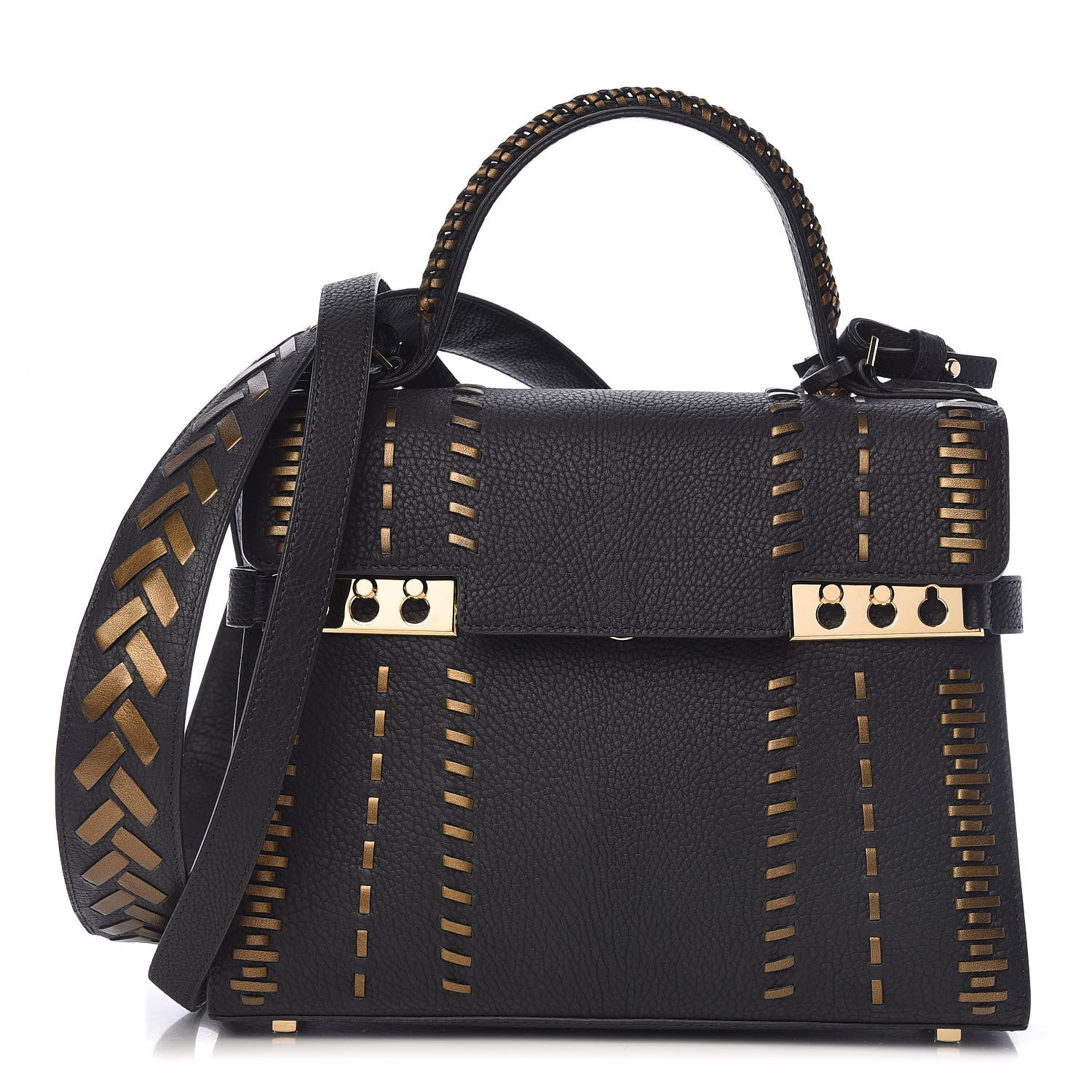 Delvaux Crispy Calfskin Tribal Stitch MM Tempete Satchel Black Bronze 1 of 13