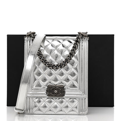 Chanel Metallic Goatskin Quilted North South Boy Flap Silver 3 of 10