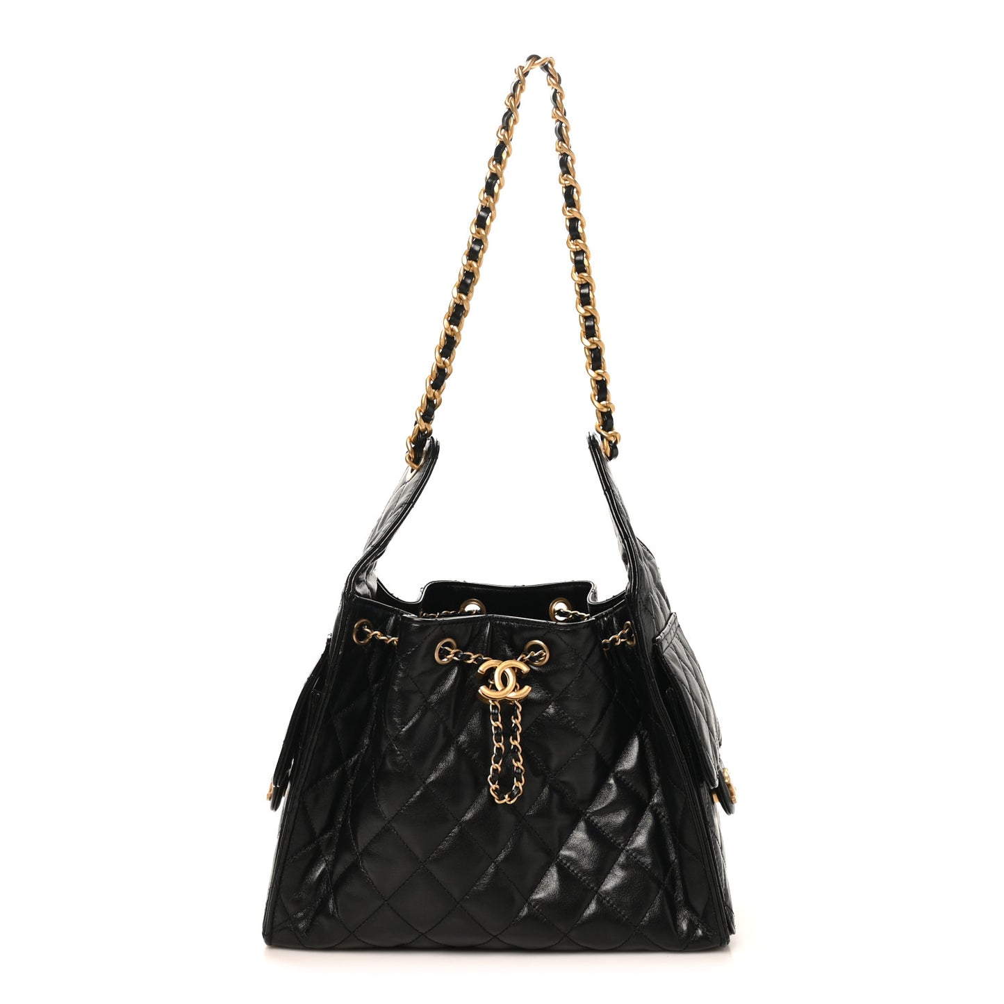 Shiny Crumpled Calfskin Quilted Small Chanel 25 Handbag Black