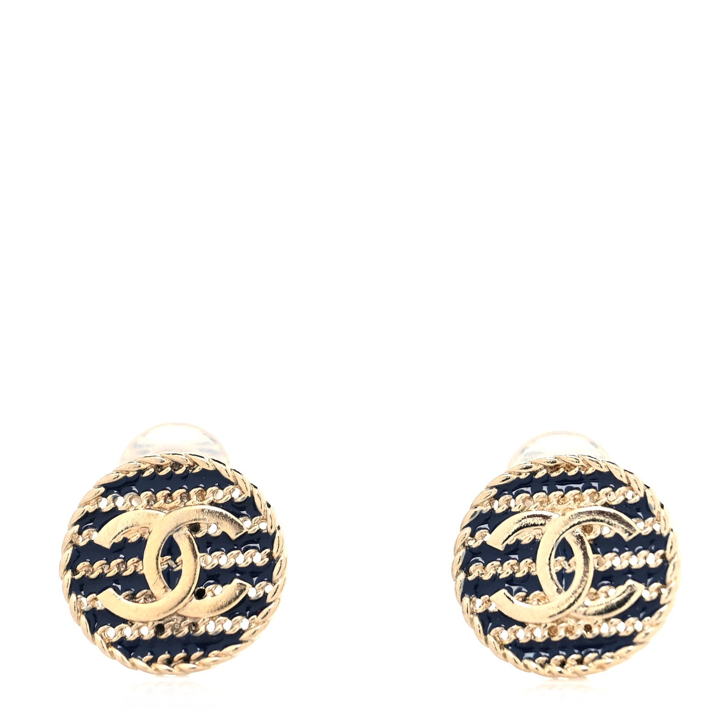 Metal Chain CC Round Clip On Earrings Gold Blue