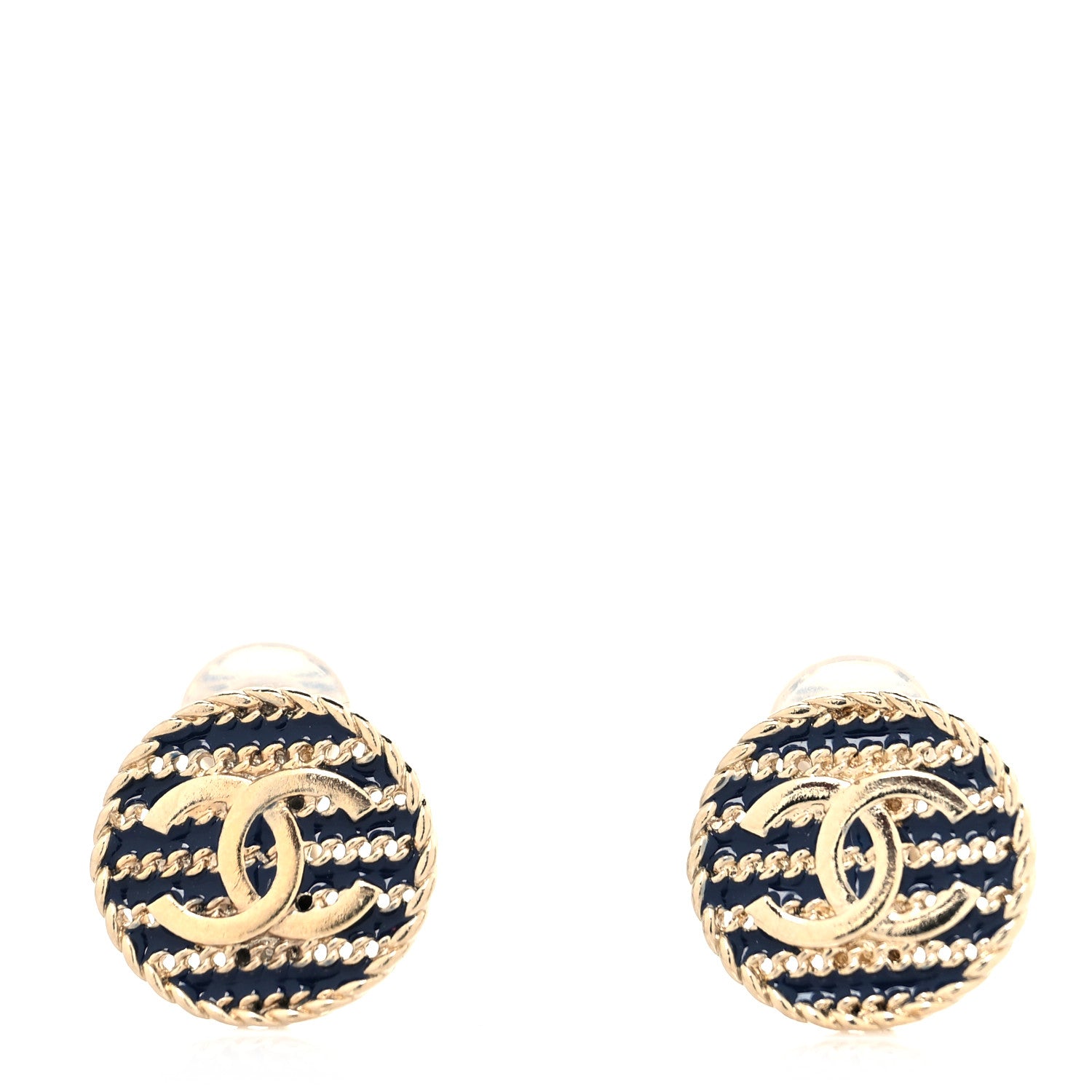 Chanel Metal Chain CC Round Clip On Earrings Gold Blue 1 of 4