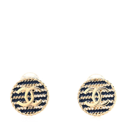 Chanel Metal Chain CC Round Clip On Earrings Gold Blue 1 of 4