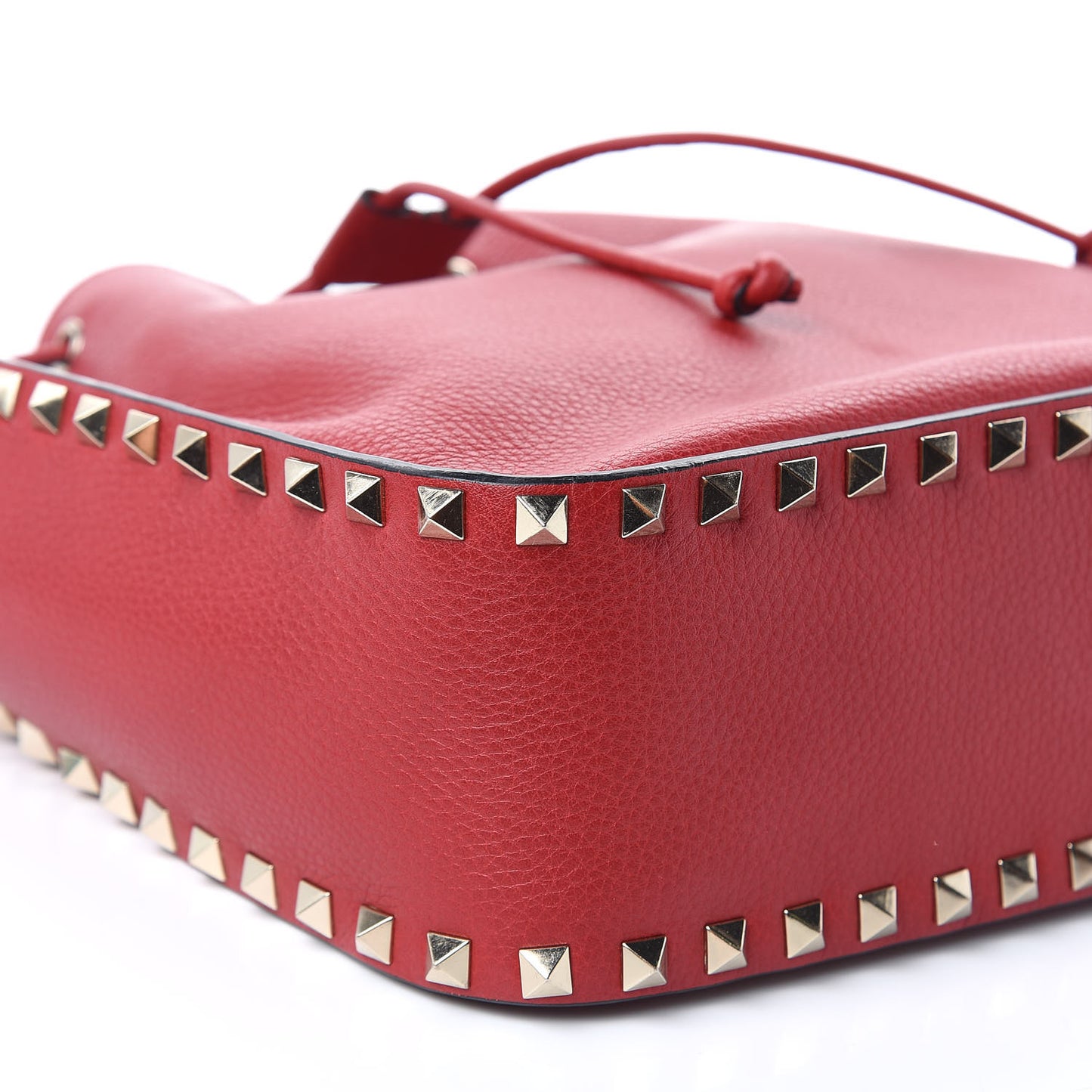 Grained Calfskin Rockstud Bucket Bag Red