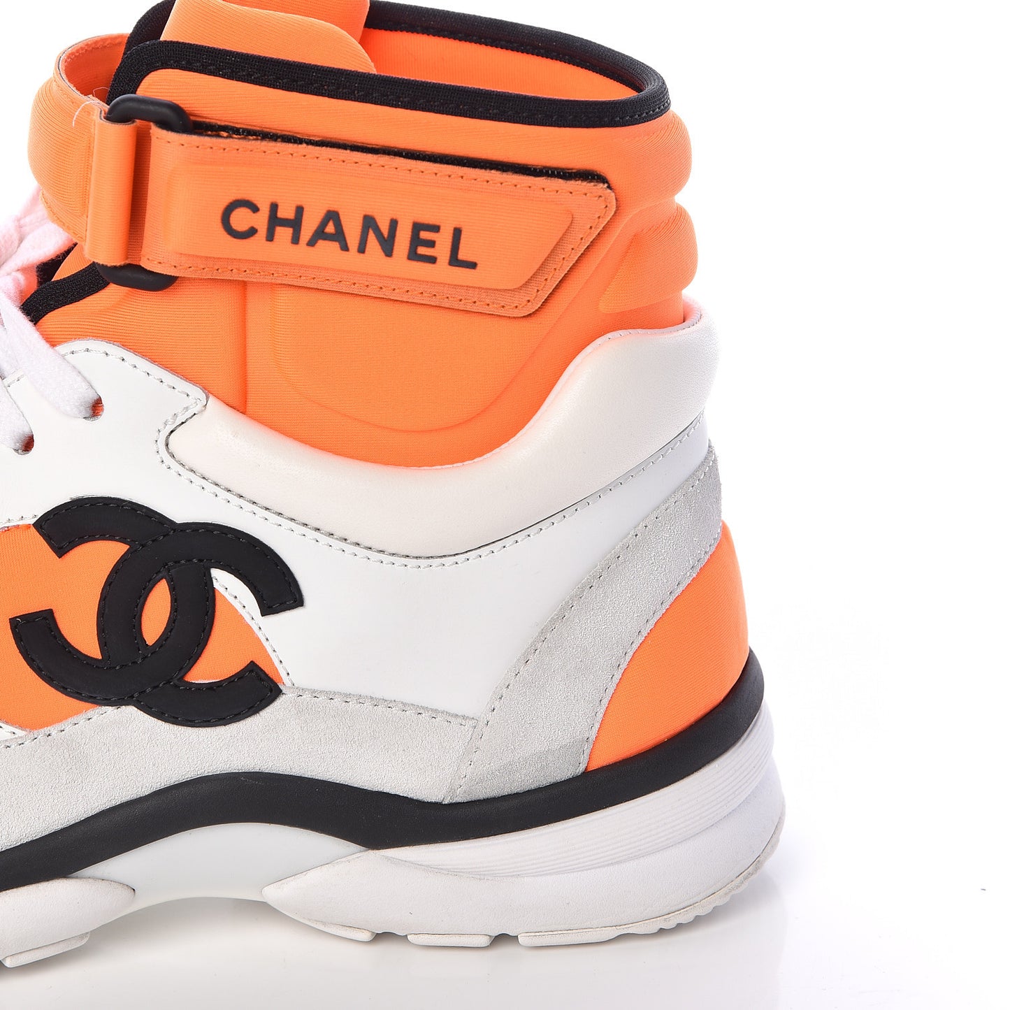 Suede Calfskin Lambskin Neoprene High Top CC Sneakers 37.5 White Fluo Orange
