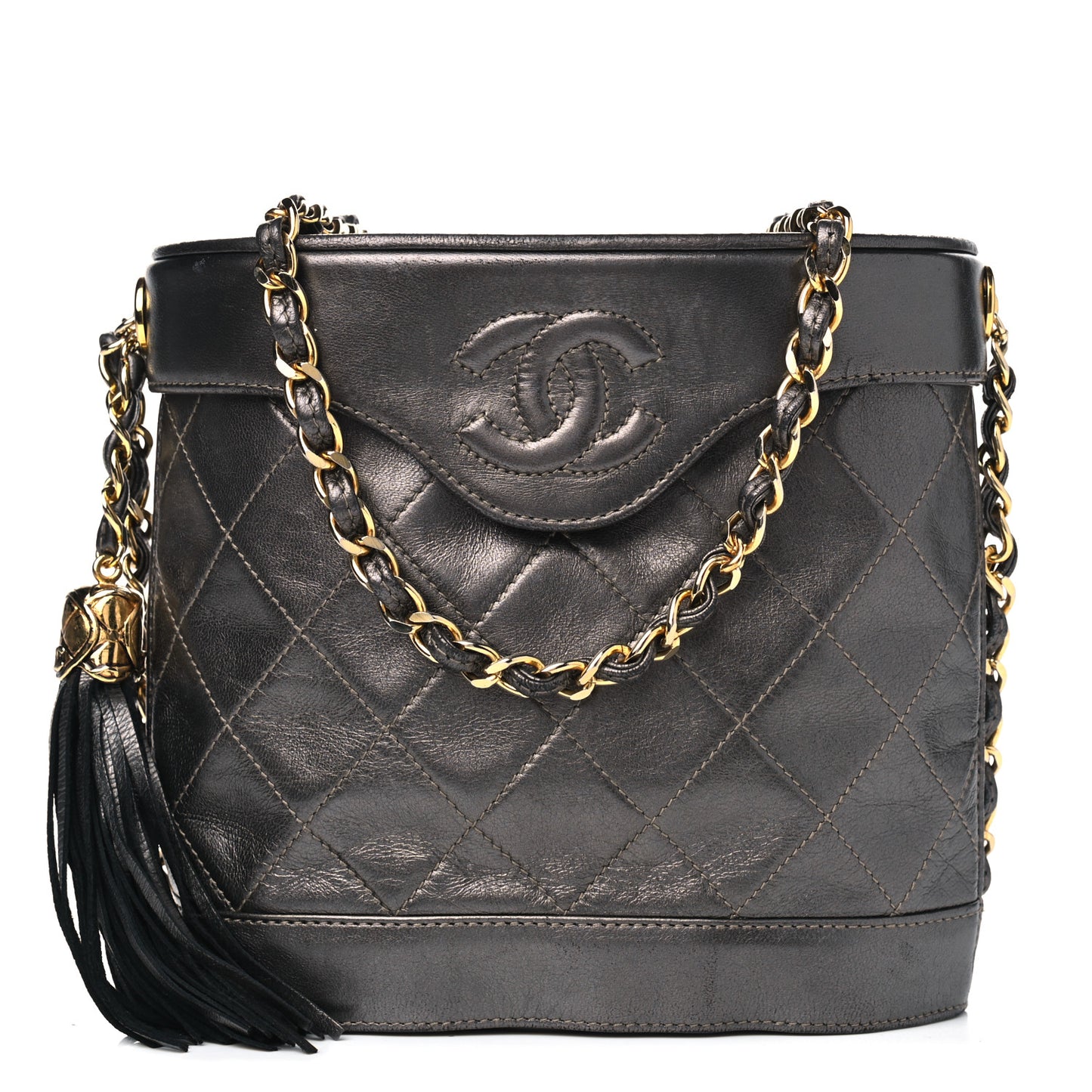 Metallic Lambskin Quilted Tassel Shoulder Bag Dark Grey