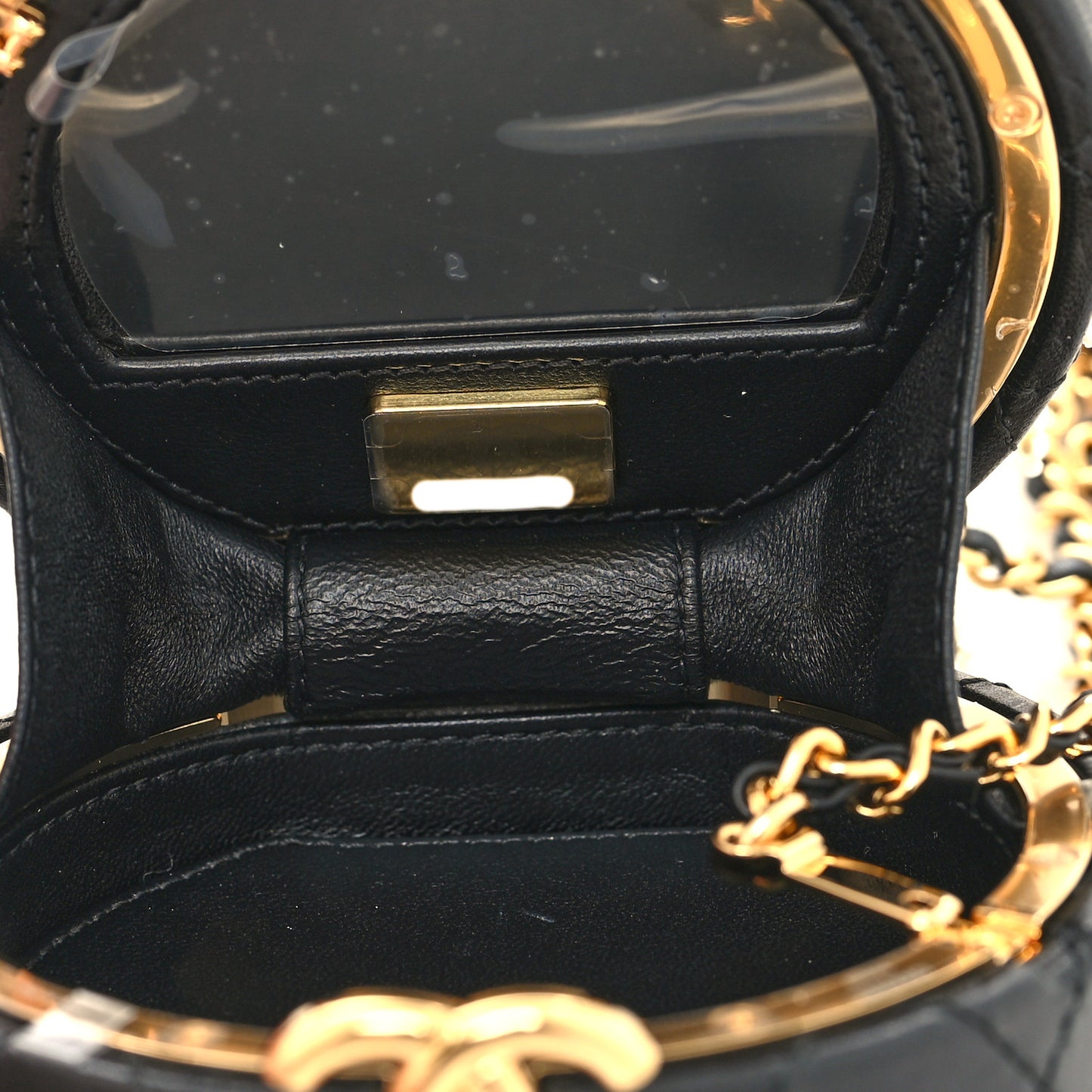 Lambskin Pearl Crystal Lion Round Minaudiere Clutch Black Gold