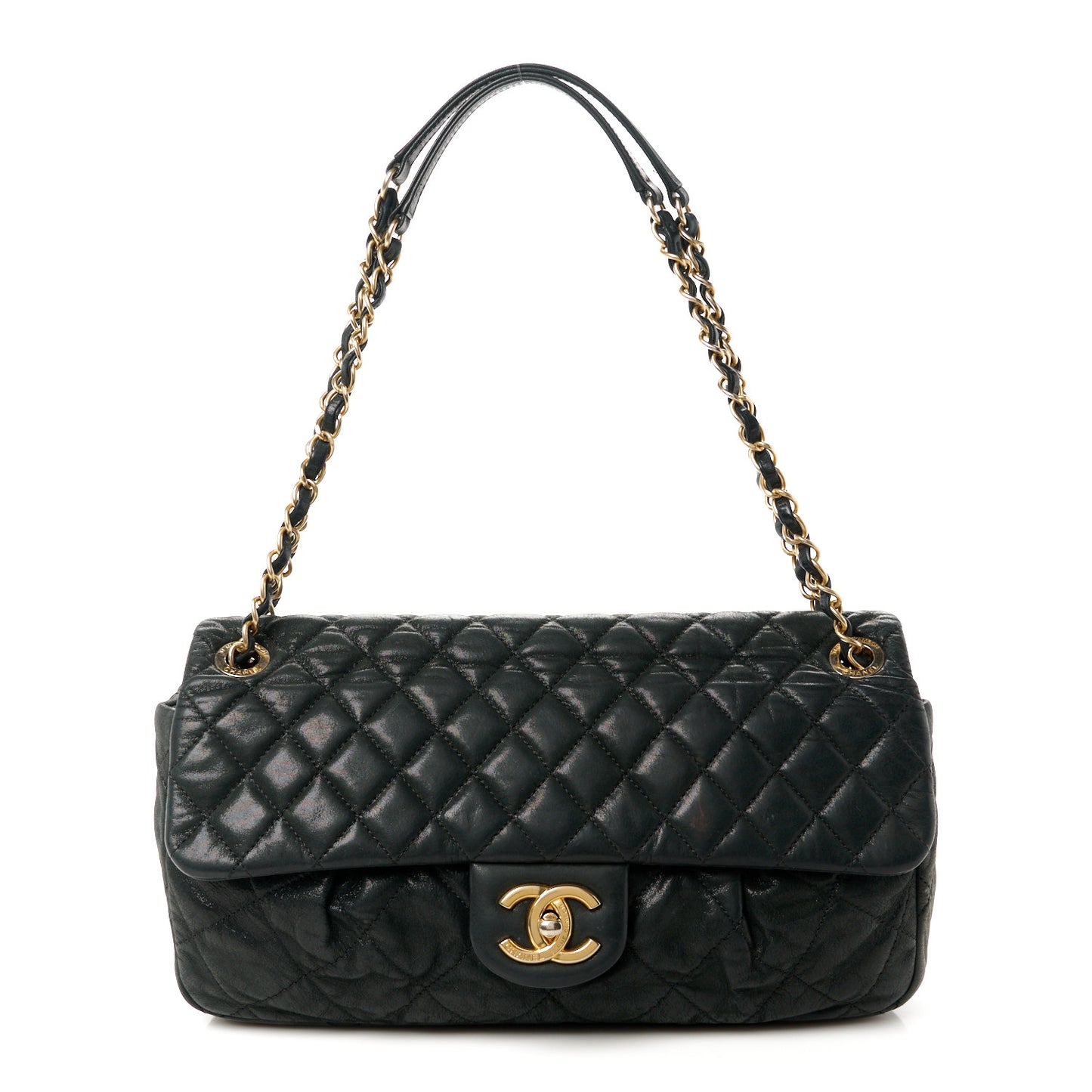 Iridescent Calfskin Large Chic Quilt Flap Black