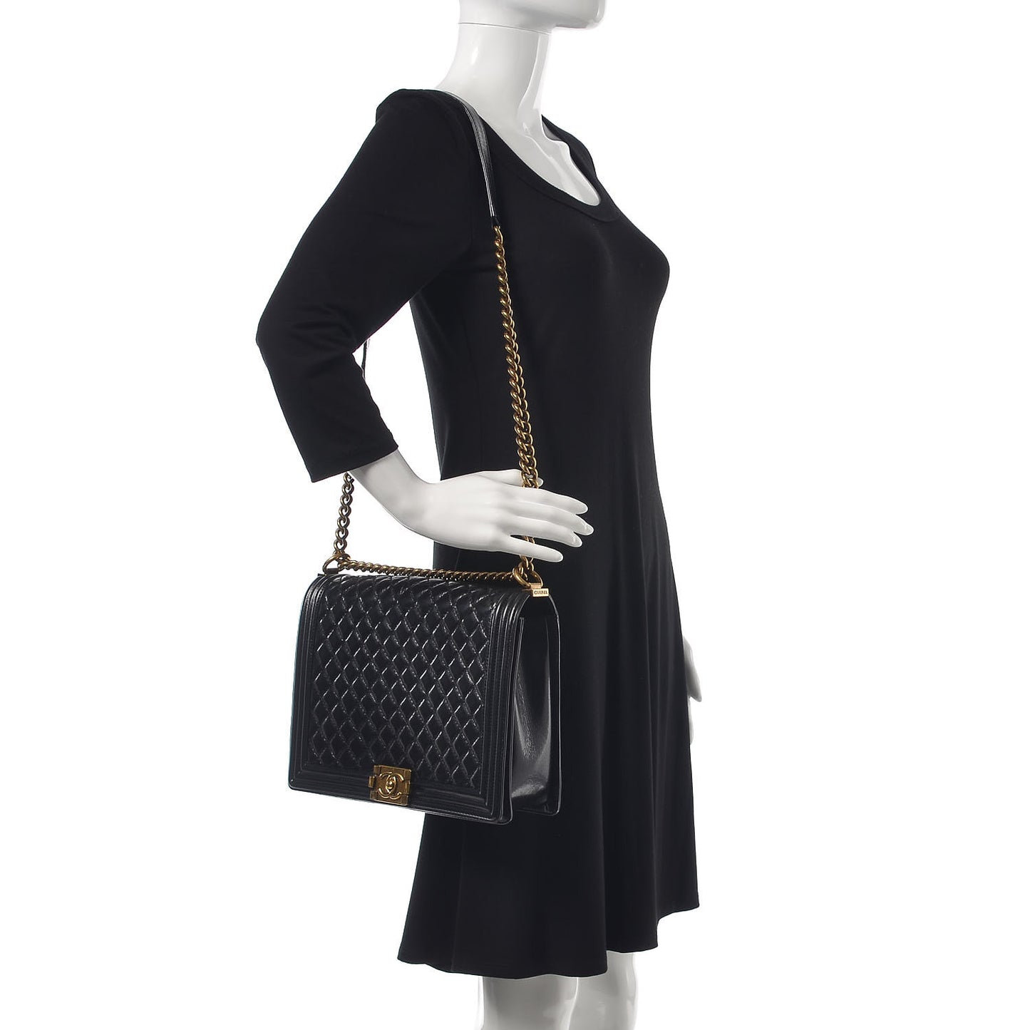Glazed Calfskin Quilted Large Boy Flap Black