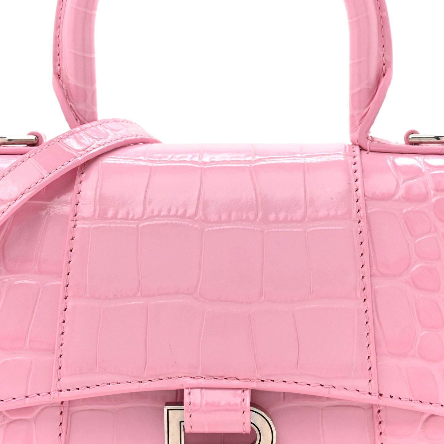 Shiny Calfskin Crocodile Embossed Hourglass Top Handle Bag XS Sweet Pink