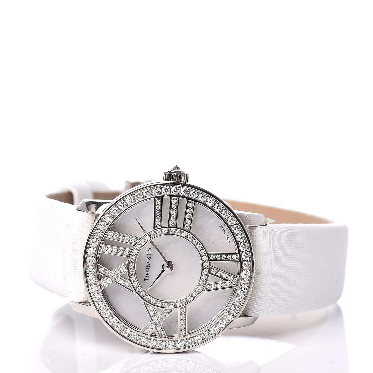 18K White Gold Satin Diamond Mother of Pearl 26mm Atlas Round Cocktail Quartz Watch