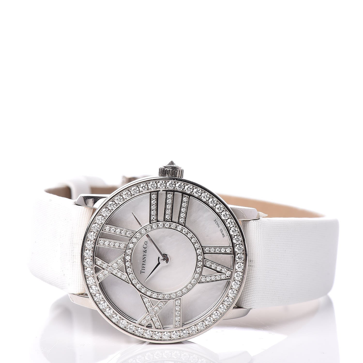 Tiffany 18K White Gold Satin Diamond Mother of Pearl 26mm Atlas Round Cocktail Quartz Watch 3 of 7