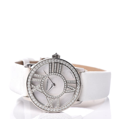 Tiffany 18K White Gold Satin Diamond Mother of Pearl 26mm Atlas Round Cocktail Quartz Watch 3 of 7