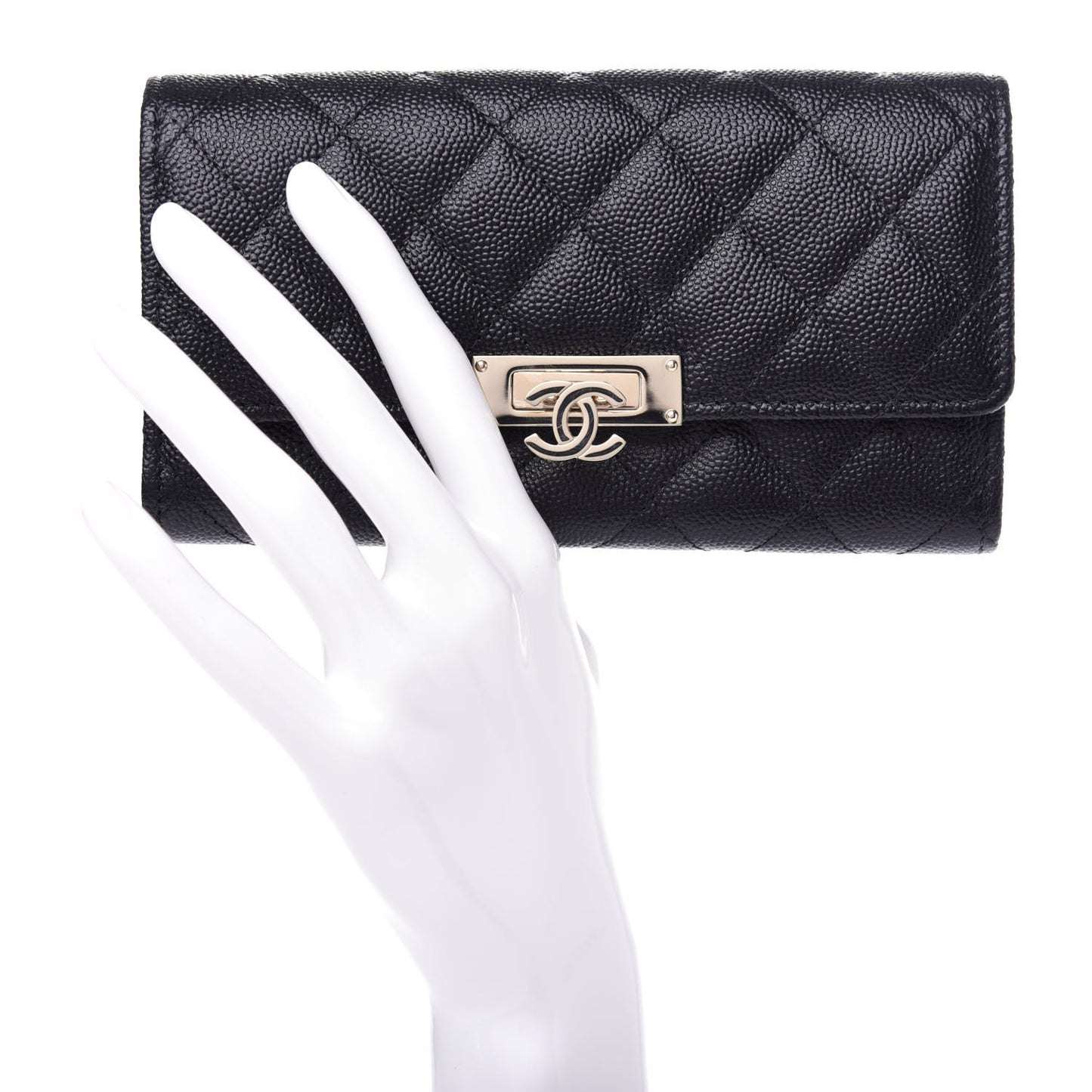 Caviar Quilted Large Golden Class Gusset Flap Wallet Black