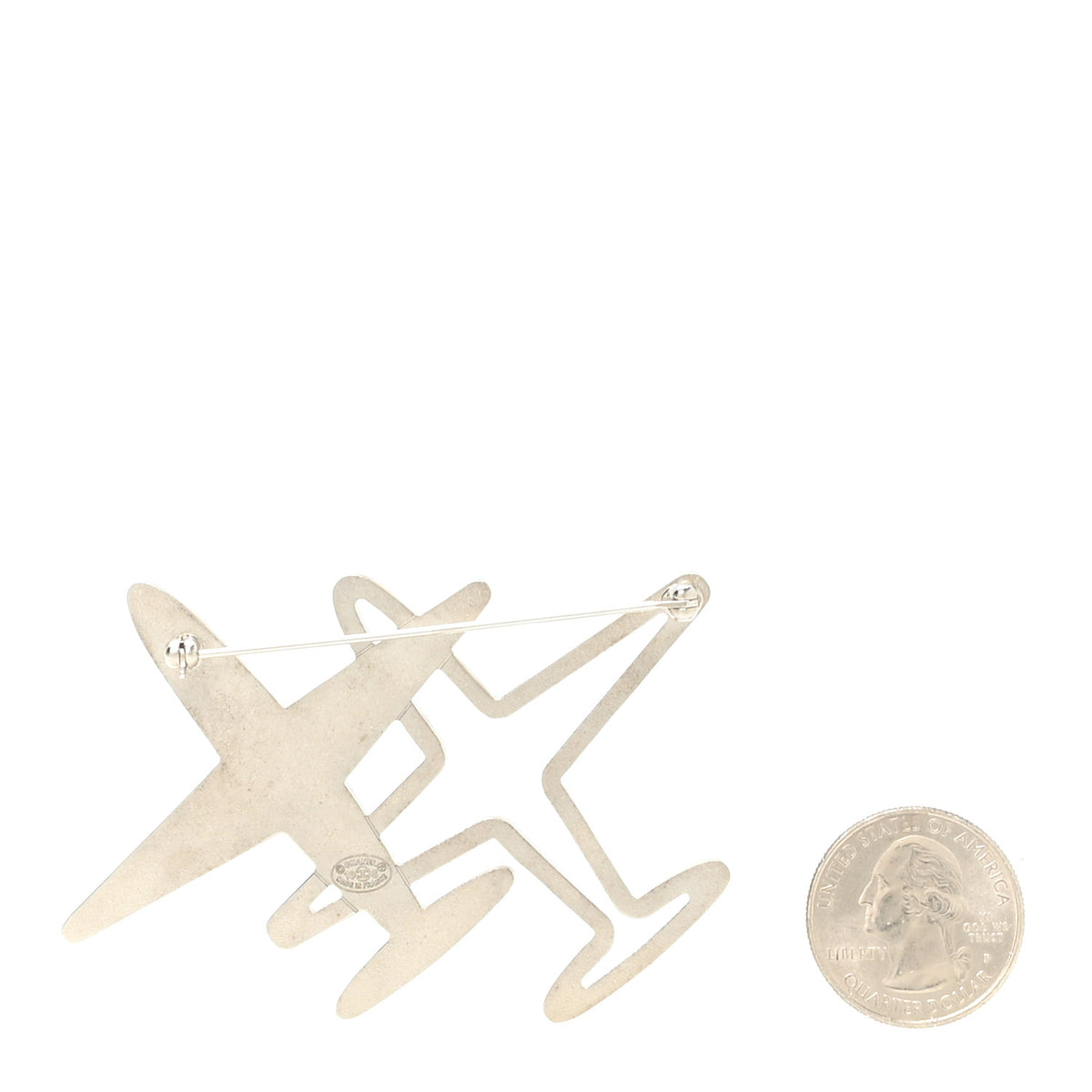 Crystal Metal CC Airplane Brooch Silver