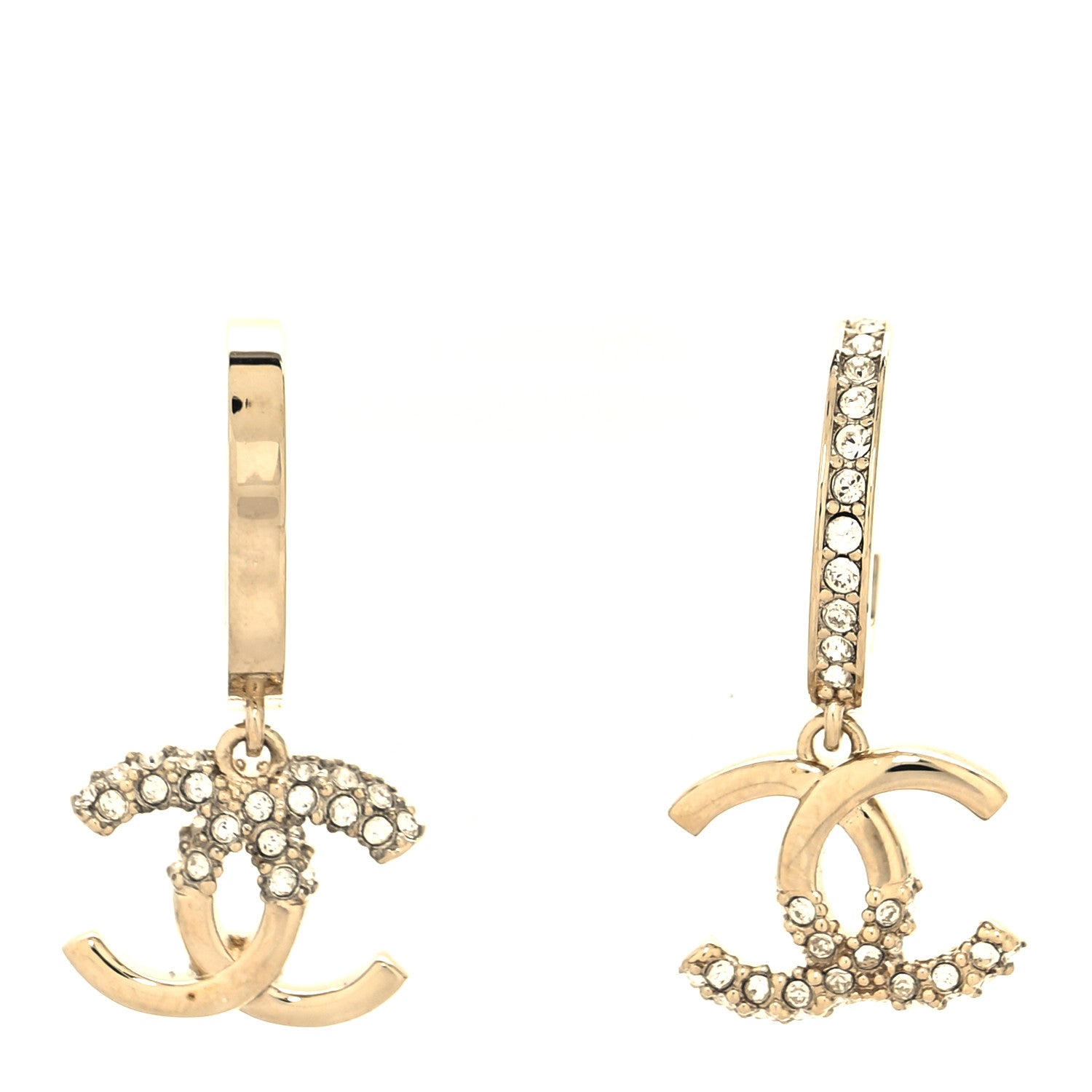 Chanel Crystal Bead CC Hoop Drop Earrings Light Gold 1 of 4
