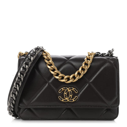 Chanel Shiny Goatskin Quilted Chanel 19 Wallet On Chain WOC Dark Brown 1 of 15