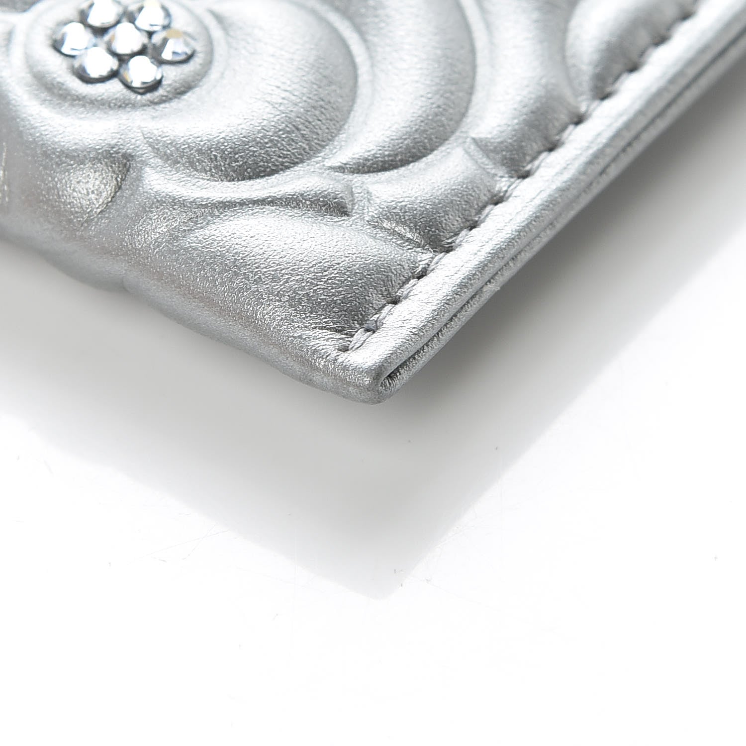 Chanel Metallic Lambskin Crystal Camellia Embossed Card Holder Silver 6 of 11
