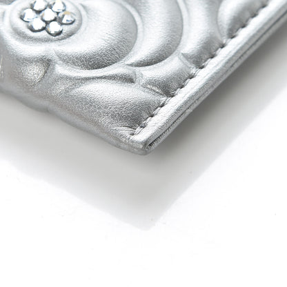 Chanel Metallic Lambskin Crystal Camellia Embossed Card Holder Silver 6 of 11