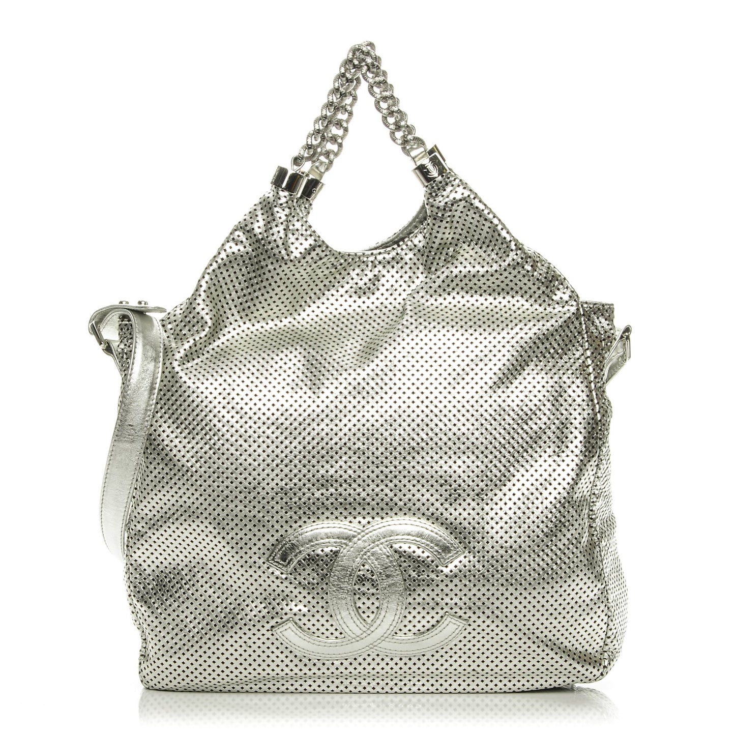 Metallic Glazed Calfskin Perforated Medium Rodeo Drive Tote Silver