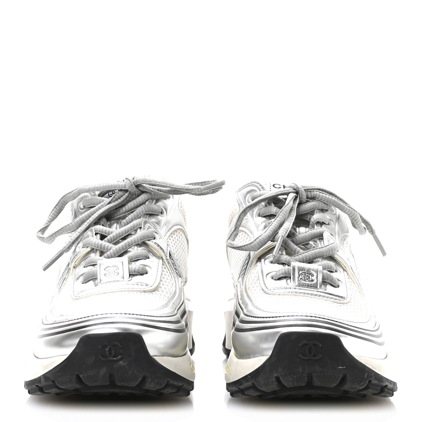 Fabric Laminated Calfskin Stretch CC Sneakers 35 White Silver