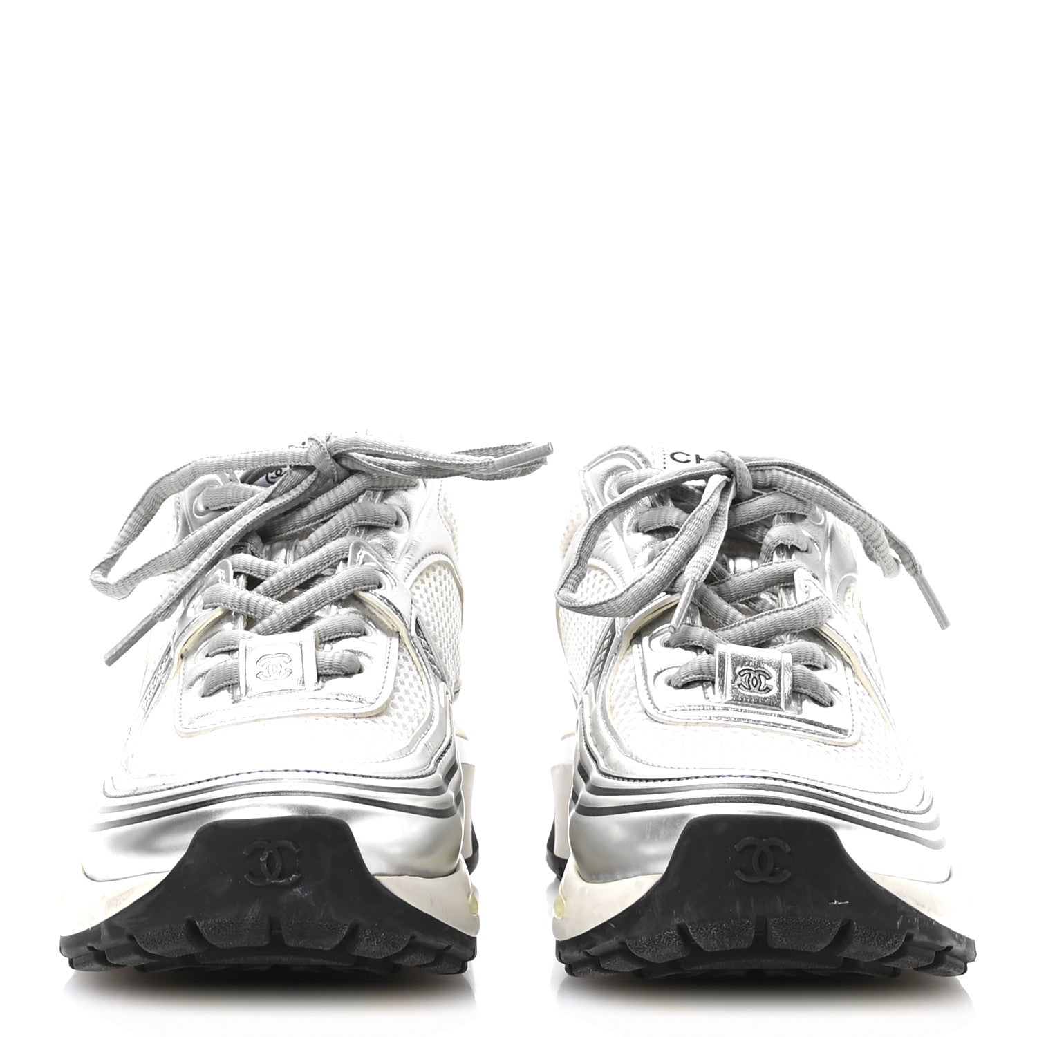Chanel Fabric Laminated Calfskin Stretch CC Sneakers 35 White Silver 4 of 10