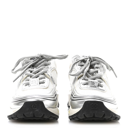 Chanel Fabric Laminated Calfskin Stretch CC Sneakers 35 White Silver 4 of 10