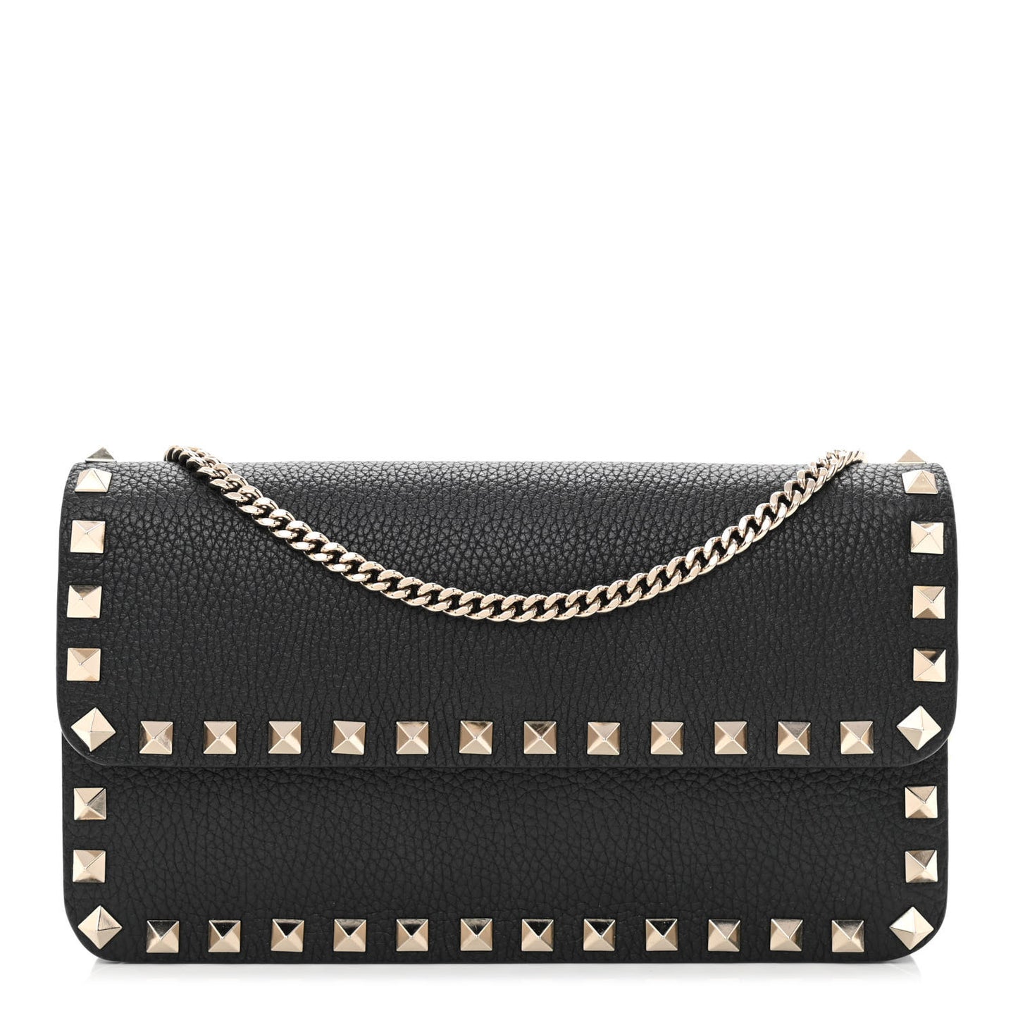 Pebbled Calfskin Rockstud Flap Wallet On Chain Black