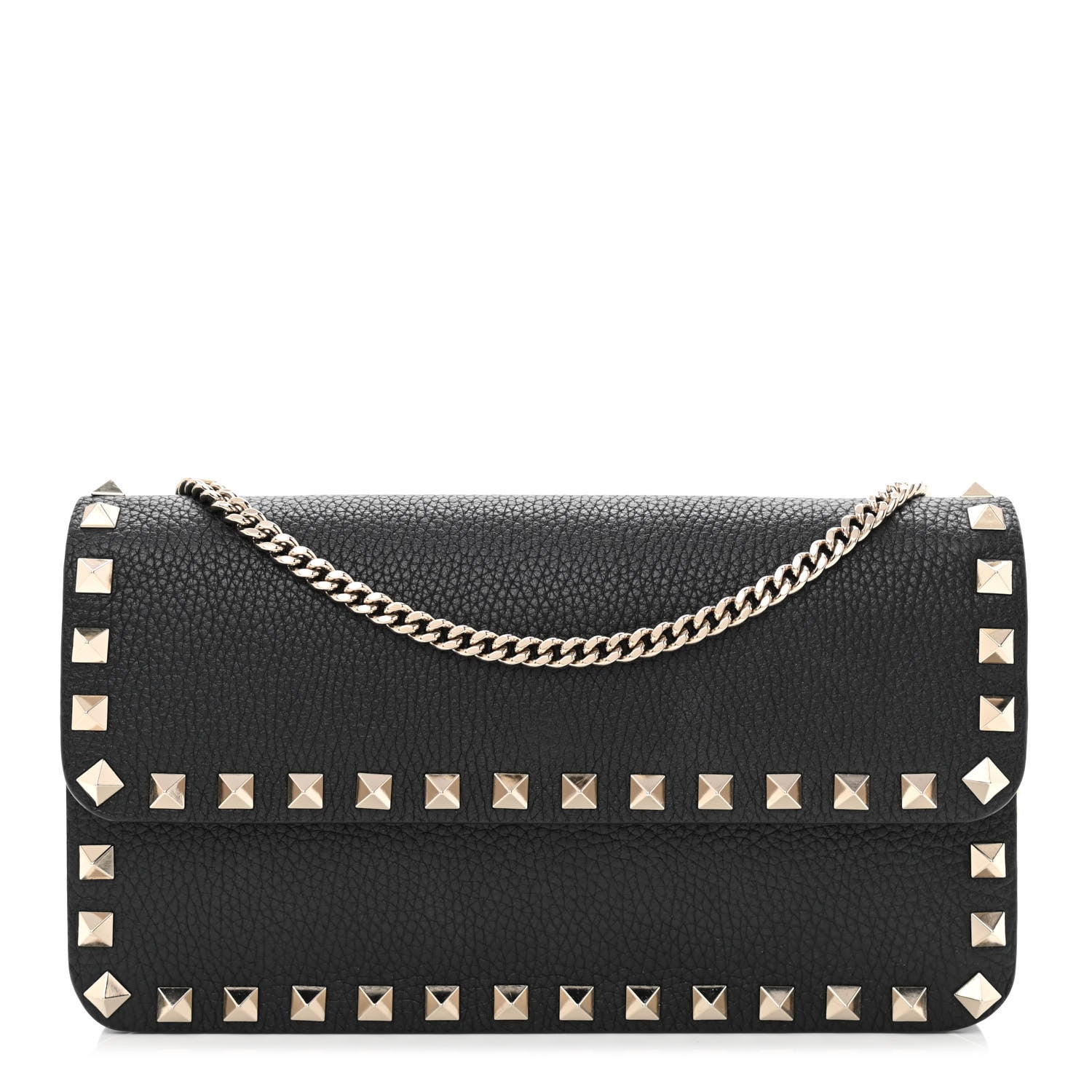 Valentino Garavani Pebbled Calfskin Rockstud Flap Wallet On Chain Black 1 of 9